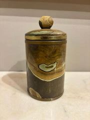 Italian Agate Hard Stone Round Box with Lid and Brass Mounts