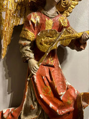 Italian Baroque Painted and Gilt Wood Winged Angel Playing a Violin