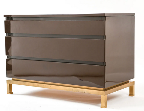 Guy Lefevre for Maison Jansen Three-Drawer Dark Brown Lacquered Commode with Brass Base