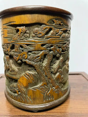 Chinese Bamboo Calligraphy Brush Holder Carved with Scholars in a Garden
