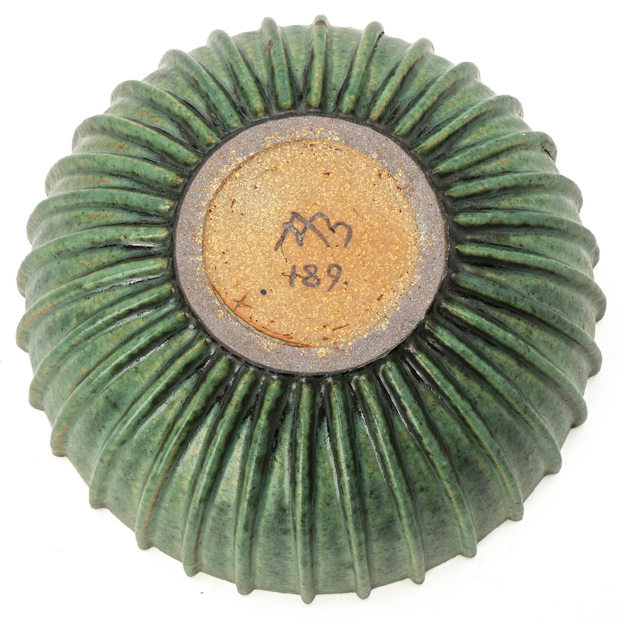 Arne Bang Circular Stoneware Bowl with Vertical Fluted Relief Decor, Green Glaze, Signed Monogram 189
