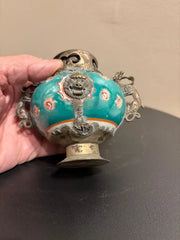 Chinese Qing Glazed Ceramic with Metal Mounts, Monkey, Frogs, Phoenix, Dragons