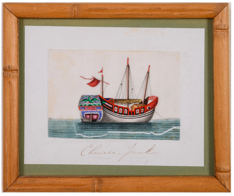 Pith Painting of a Chinese Junk, Framed Watercolor on Pith Paper