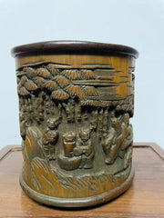 Chinese Bamboo Calligraphy Brush Holder Carved with Scholars in a Garden