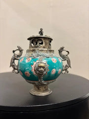 Chinese Qing Glazed Ceramic with Metal Mounts, Monkey, Frogs, Phoenix, Dragons