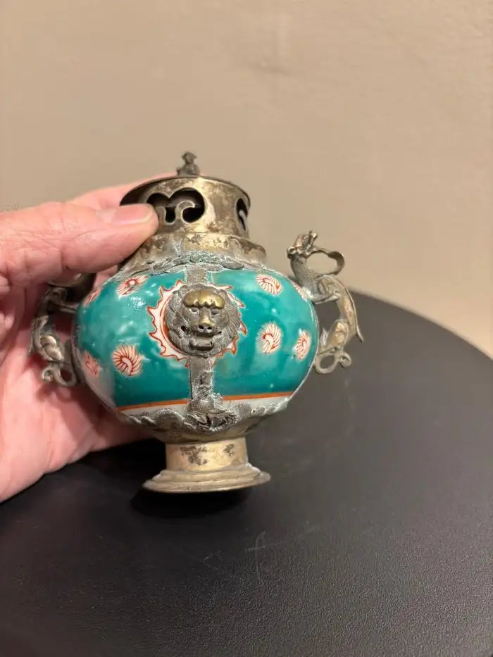 Chinese Qing Glazed Ceramic with Metal Mounts, Monkey, Frogs, Phoenix, Dragons