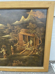 Chinese Painted and Lacquered Panel Landscape with Figures, Large Scale