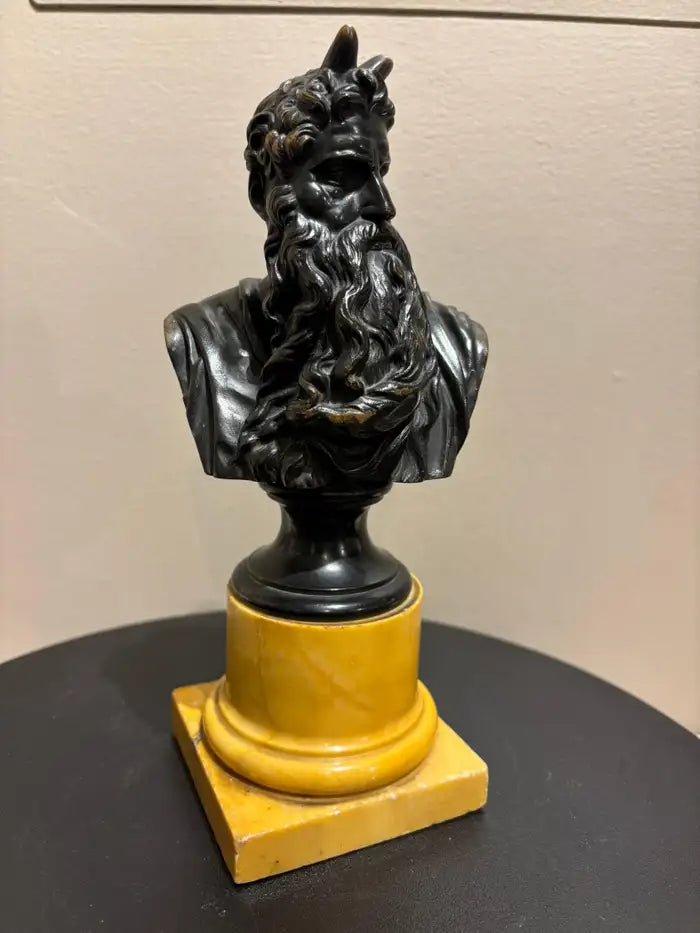 Signed Bronze Bust of Moses on a Sienna Marble Base, After Michelangelo