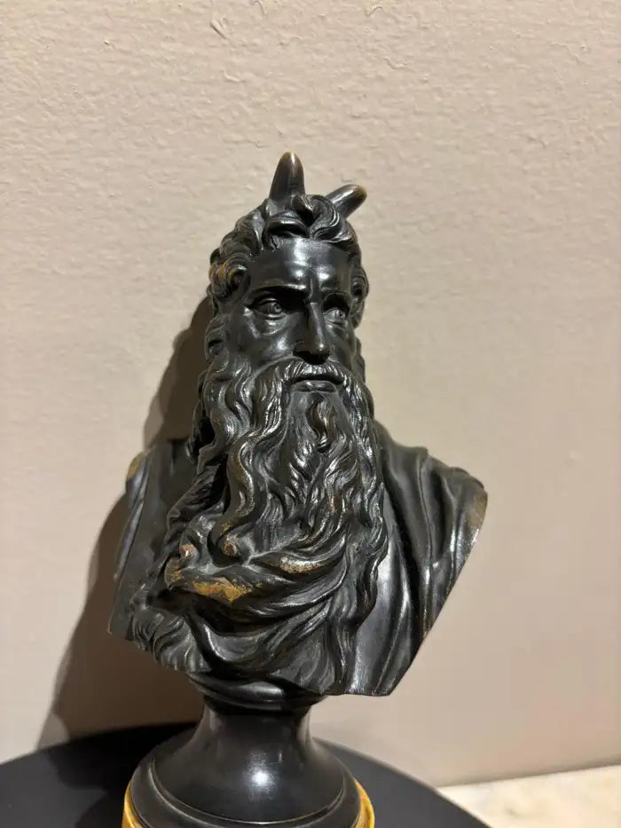 Signed Bronze Bust of Moses on a Sienna Marble Base, After Michelangelo