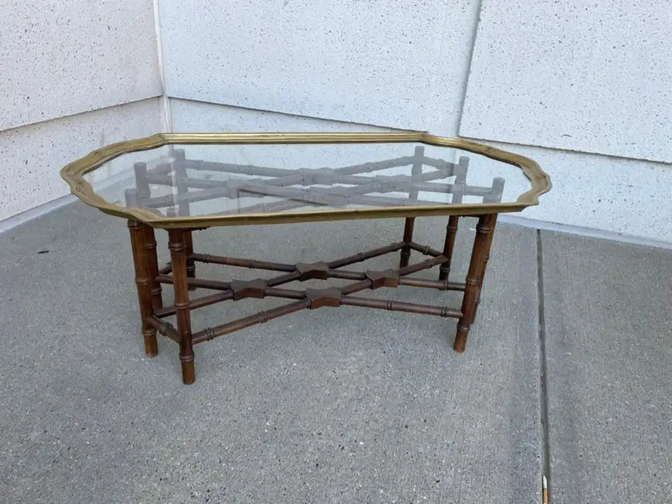 Regency Style Small Scale Brass Frame Glass Top Coffee Table Faux