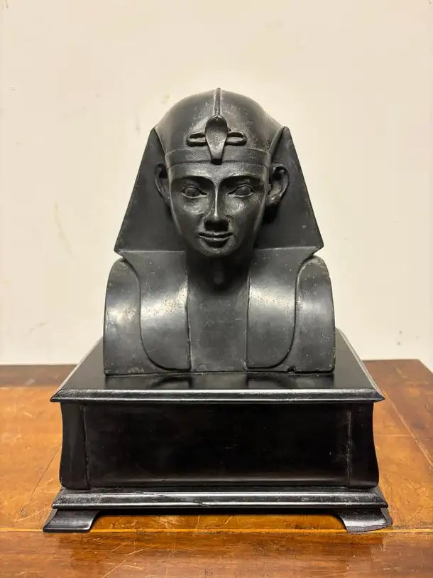 Ancient Egyptian Style Bust of a Pharaoh on Black Lacquer Base
