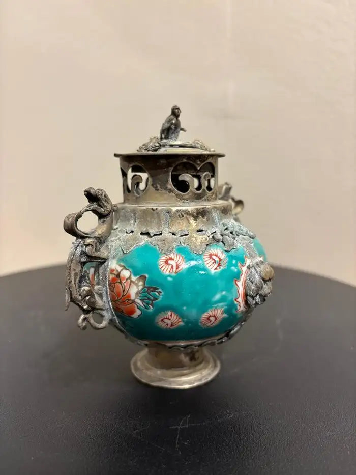 Chinese Qing Glazed Ceramic with Metal Mounts, Monkey, Frogs, Phoenix, Dragons