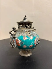 Chinese Qing Glazed Ceramic with Metal Mounts, Monkey, Frogs, Phoenix, Dragons