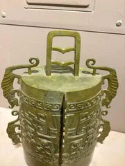 Chinese Archaistic Bronze Ritual Bell, Zhou Dynasty Style having Great Verdigris Patina