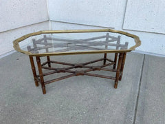 Regency Style Small Scale Brass Frame Glass Top Coffee Table Faux Bamboo Base