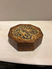 Italian Renaissance Style Octagonal Burl Wood Box With Fruit Wood Inlay