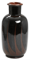 Julie Kabell Earthenware Vase of Cylindrical Form with Graphic Design, Black and Brown Glazes, Kähler, Denmark, Signed HAK, H. 39.5 cm