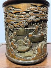 Chinese Bamboo Calligraphy Brush Holder Carved with Scholars in a Garden