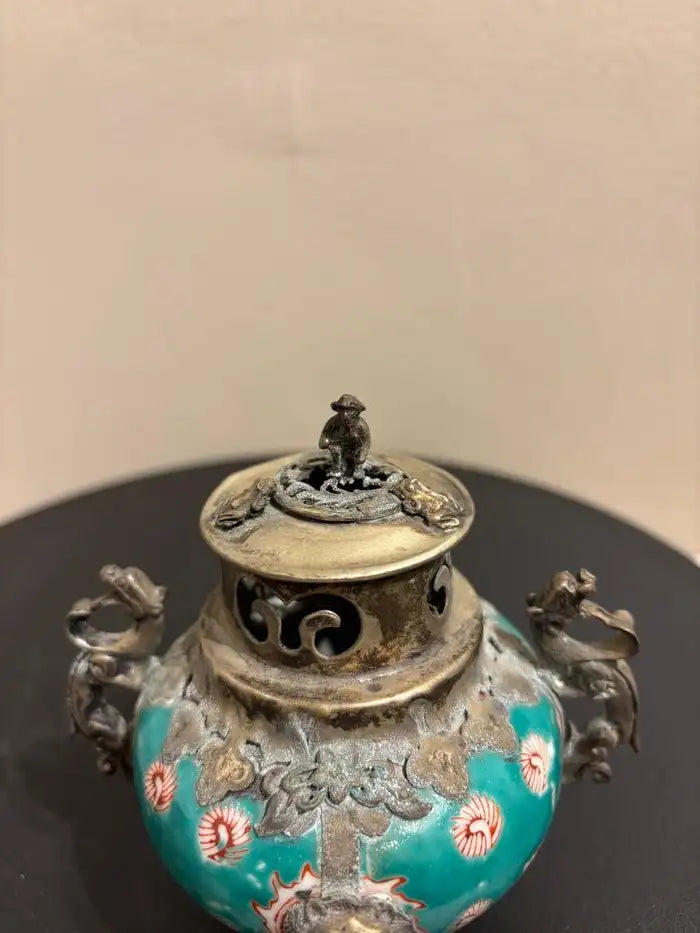 Chinese Qing Glazed Ceramic with Metal Mounts, Monkey, Frogs, Phoenix, Dragons