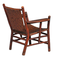 Old Hickory Adirondack Armchair, Hickory Wood with Woven Leather Seat and Back, Rustic Style, Unsigned, circa 1910