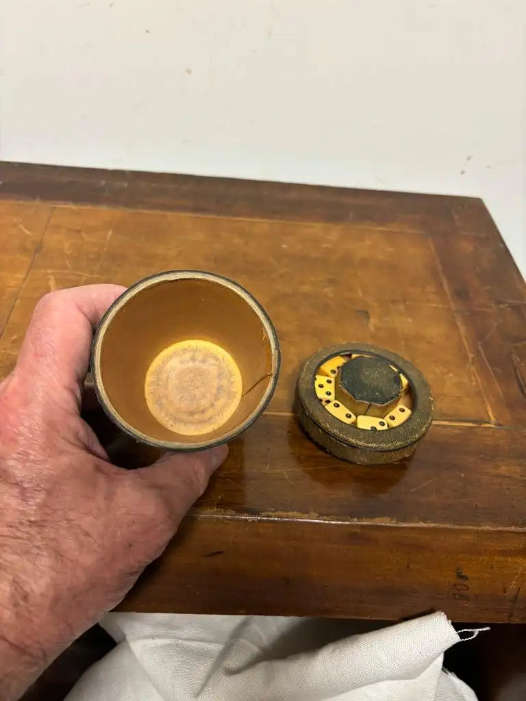 Early 20th Century Leather Dice Cup with 7 Dice Inset into the Top