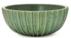 Arne Bang Circular Stoneware Bowl with Vertical Fluted Relief Decor, Green Glaze, Signed Monogram 189