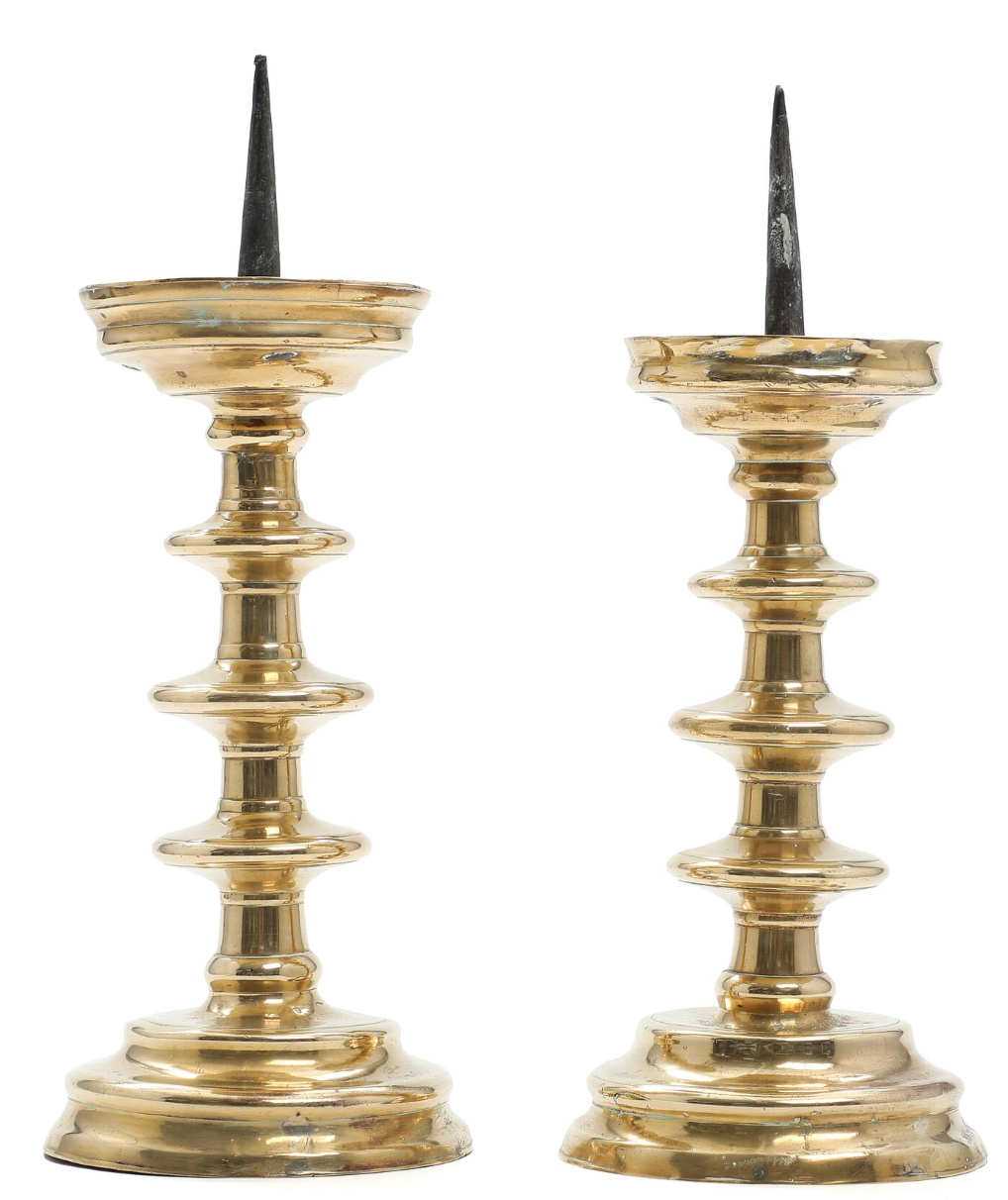 Pair of Gothic Circa 1580–1600 Patinated Brass Altar Candlestick Holders, Baluster Shaped Stem on Round Base, Presumably Friesland