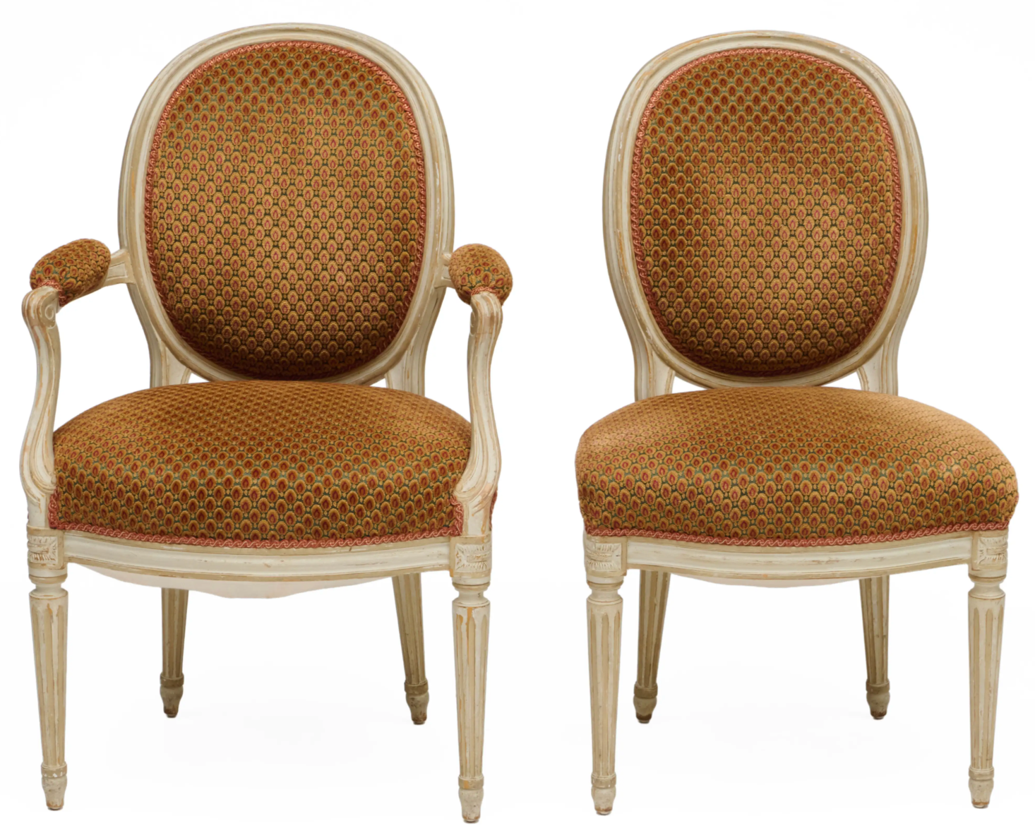 Set of Ten Louis XVI Style Cream Painted and Upholstered Armchairs