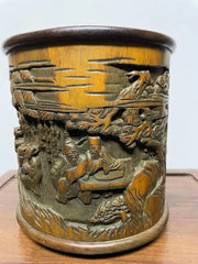 Chinese Bamboo Calligraphy Brush Holder Carved with Scholars in a Garden