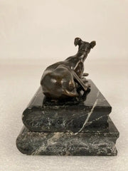 Pair of Regency Bronze Figures of Reclining Whippets on Green Marble Bases