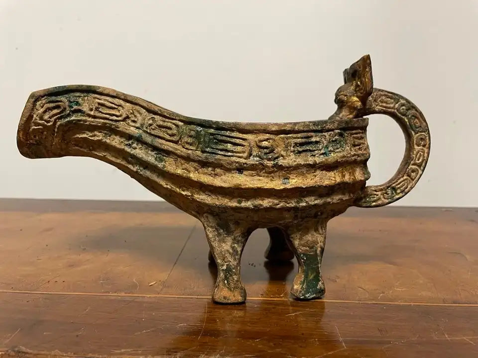 Chinese Archaic Style Gilt Bronze and Verdigris Vessel