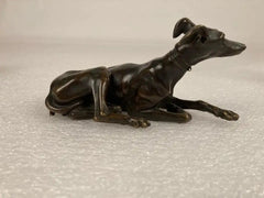 Pair of Regency Bronze Figures of Reclining Whippets on Green Marble Bases