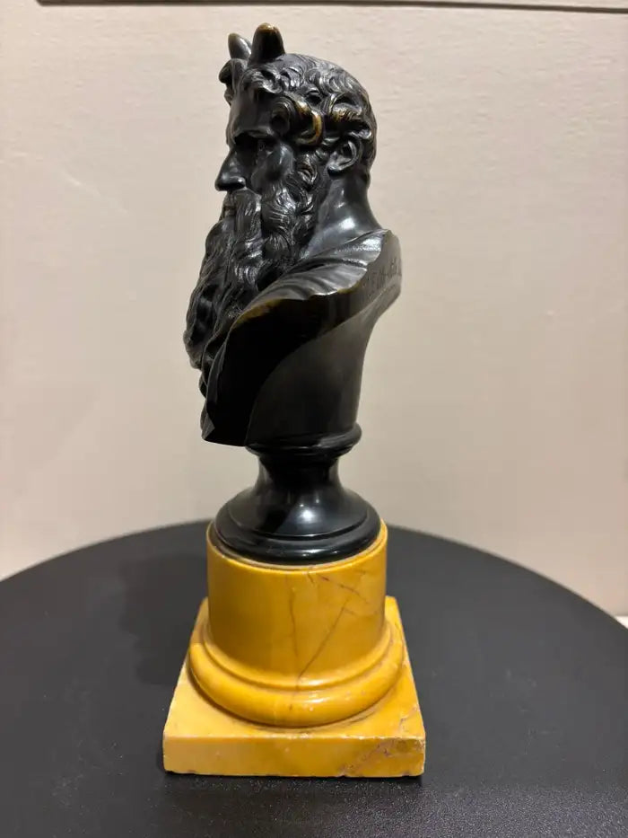 Signed Bronze Bust of Moses on a Sienna Marble Base, After Michelangelo