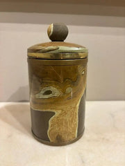 Italian Agate Hard Stone Round Box with Lid and Brass Mounts