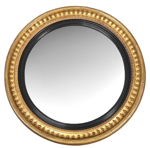 Regency Giltwood Convex Wall Mirror of Very Large Size, Circa 1815, Leaf Decorated Frame with Ebonised Reeded Slip and Musket-Ball Decoration