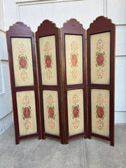 Italian Painted Four Panel Wood Screen Room Divider With Floral Decoration
