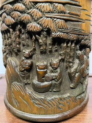 Chinese Bamboo Calligraphy Brush Holder Carved with Scholars in a Garden