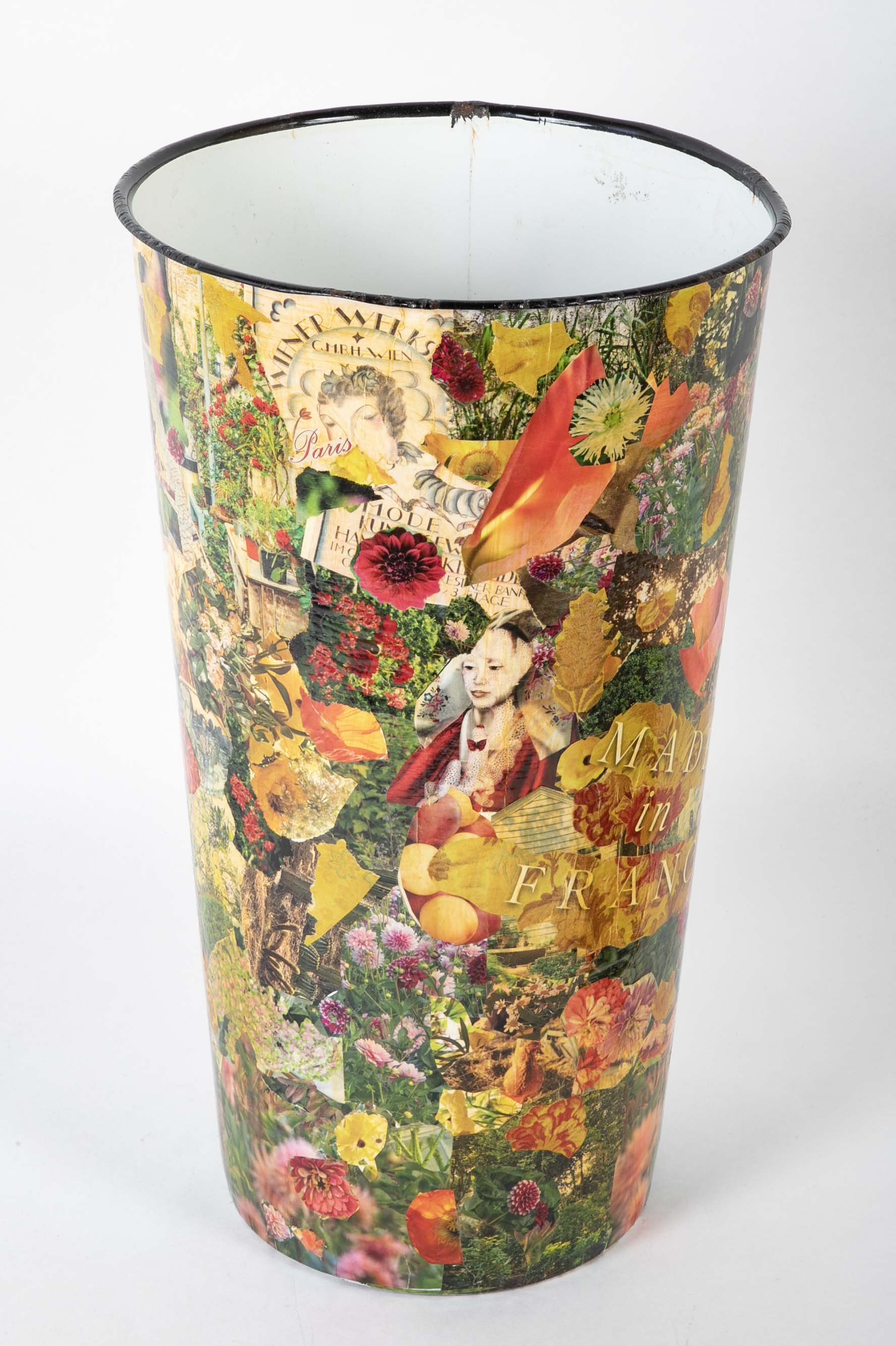 A French Enamel White Tin with Decoupage Decoration