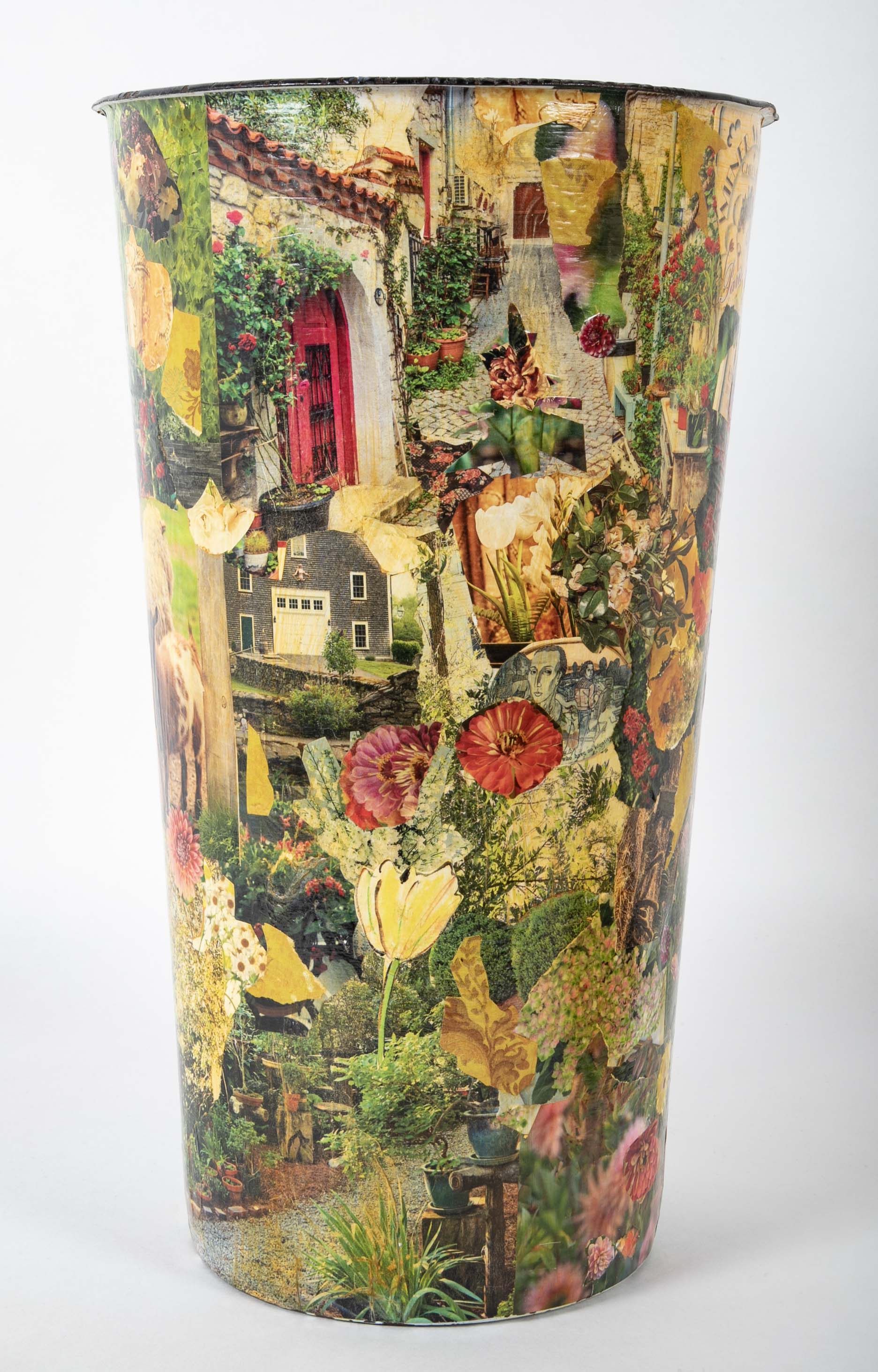A French Enamel White Tin with Decoupage Decoration