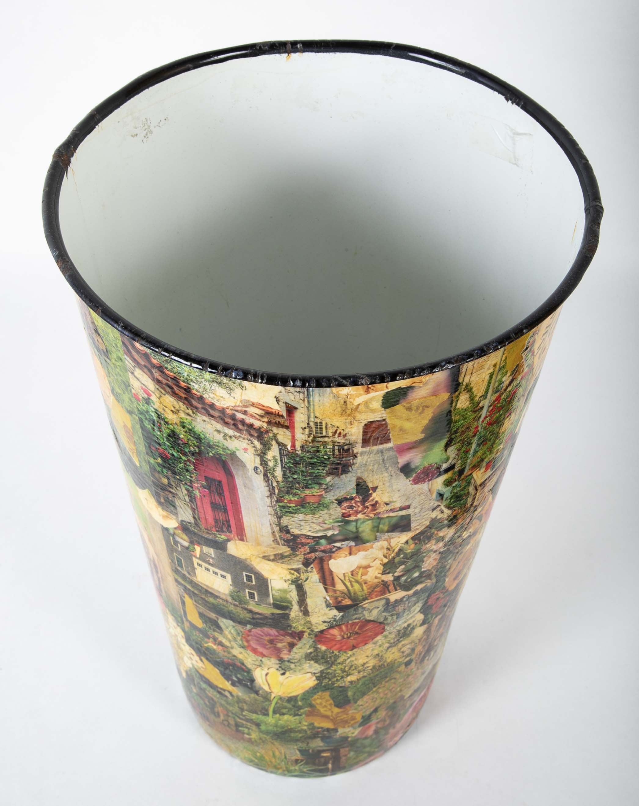 A French Enamel White Tin with Decoupage Decoration