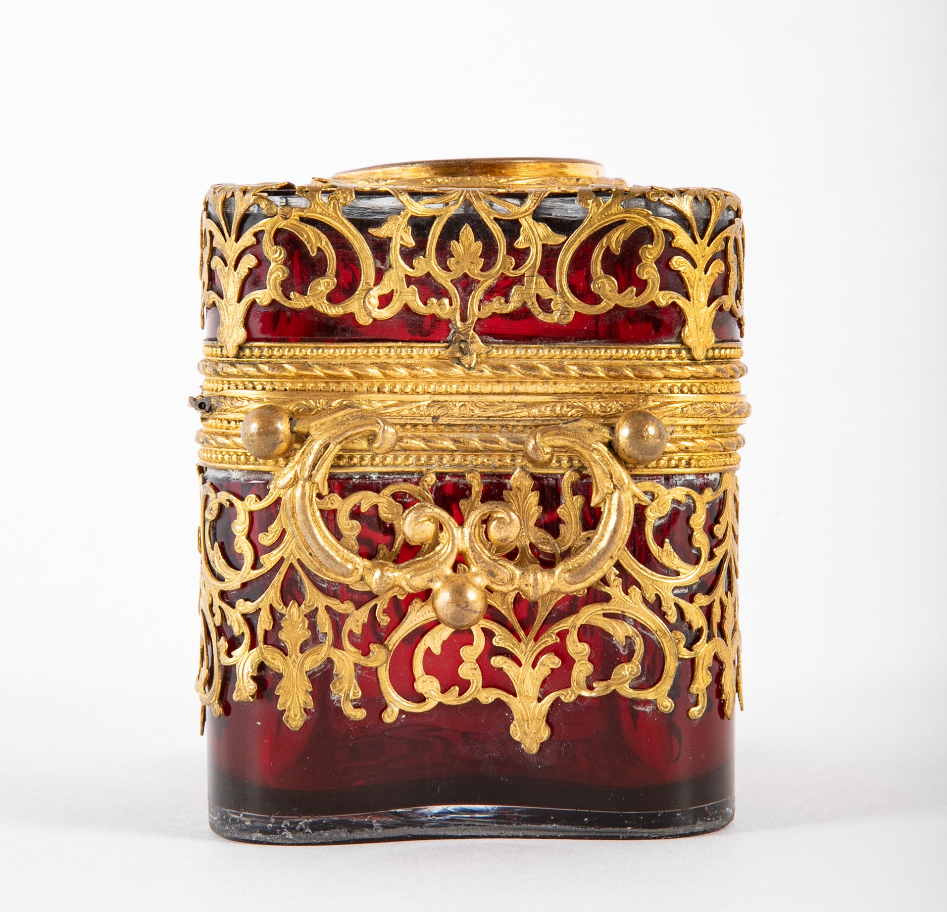 Antique Cranberry Glass Box with Eglomise Decoration