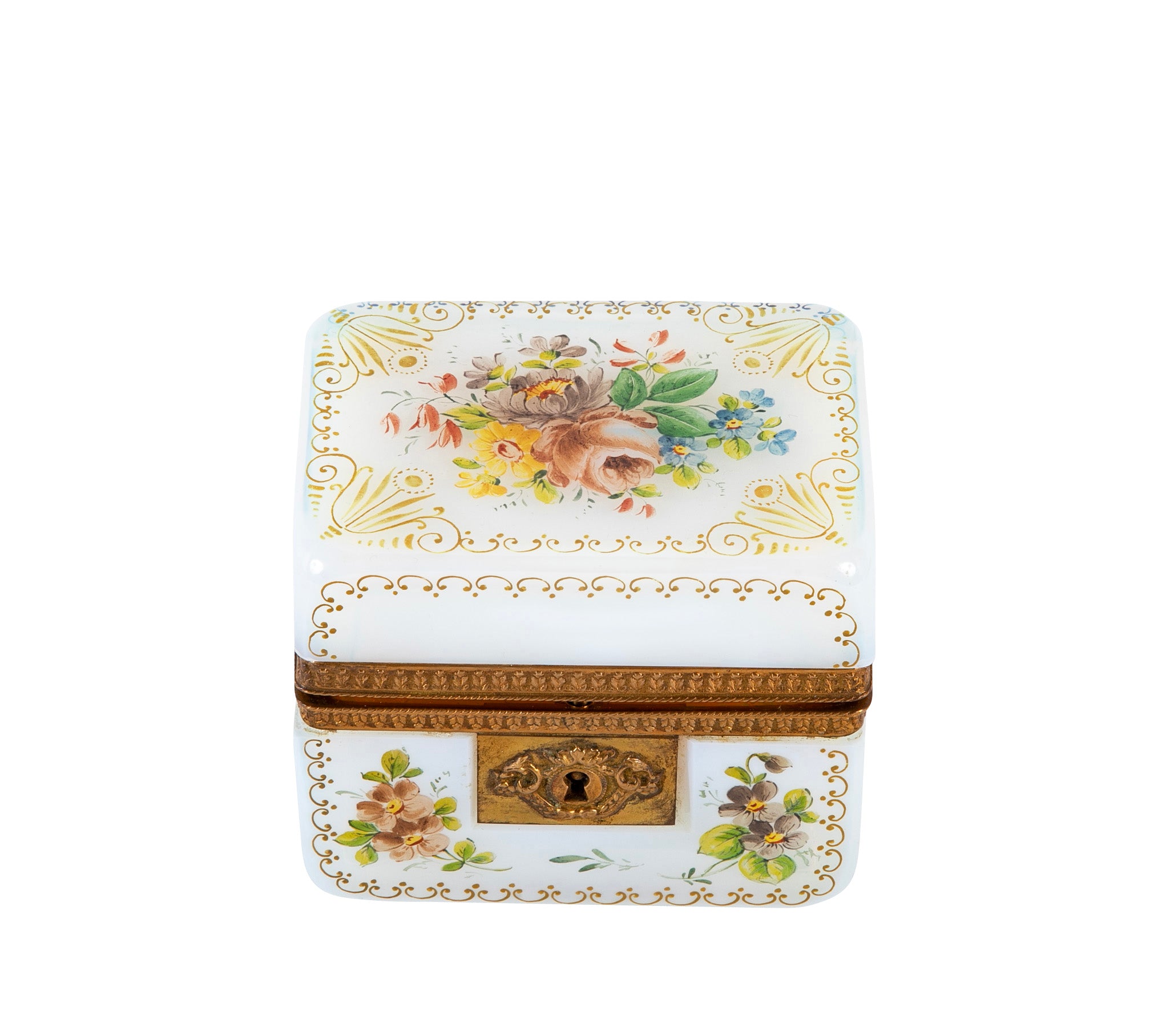 Antique French White Opaline Glass Box with Painted Floral Decoration