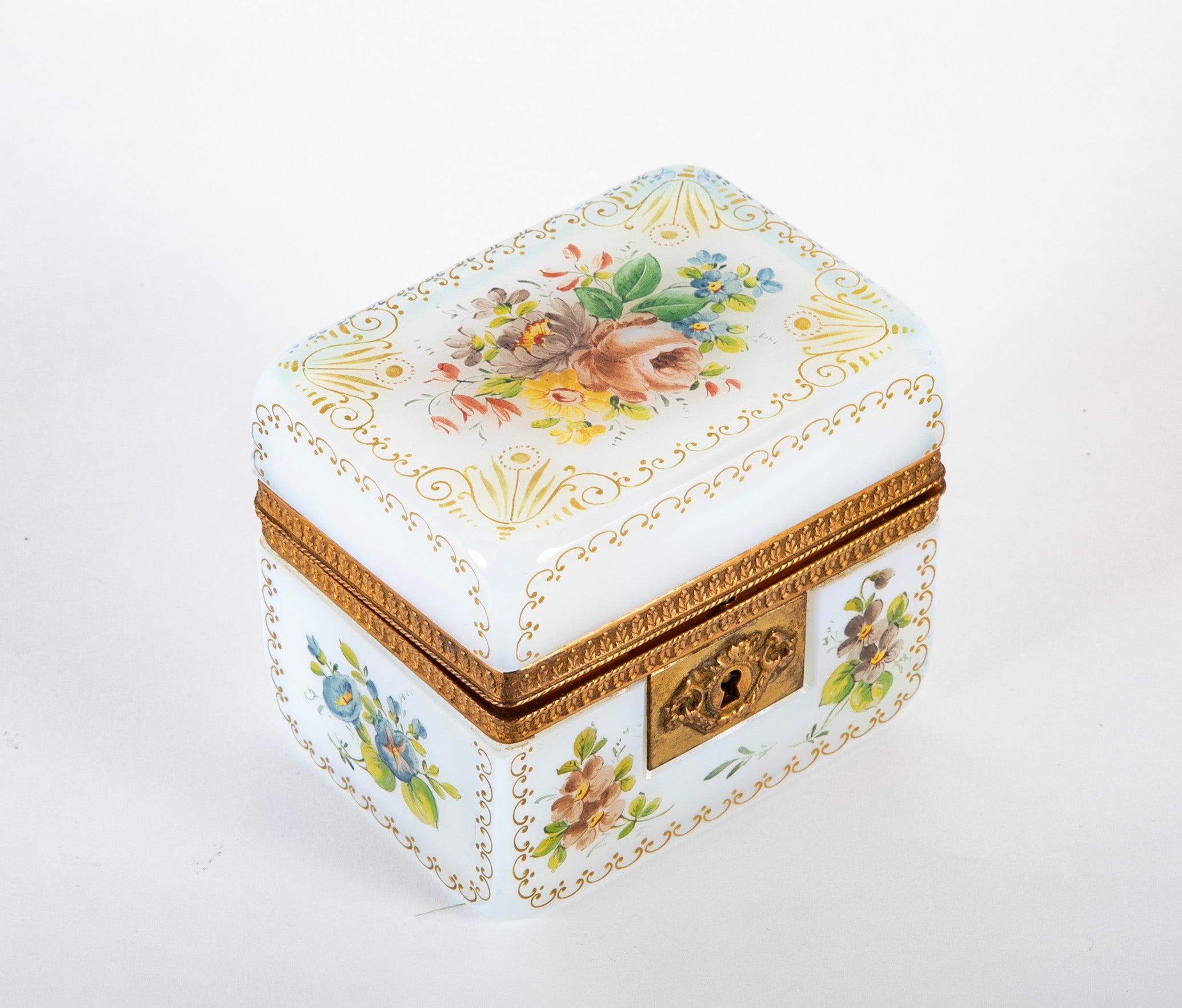 Antique French White Opaline Glass Box with Painted Floral Decoration