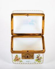 Antique French White Opaline Glass Box with Painted Floral Decoration