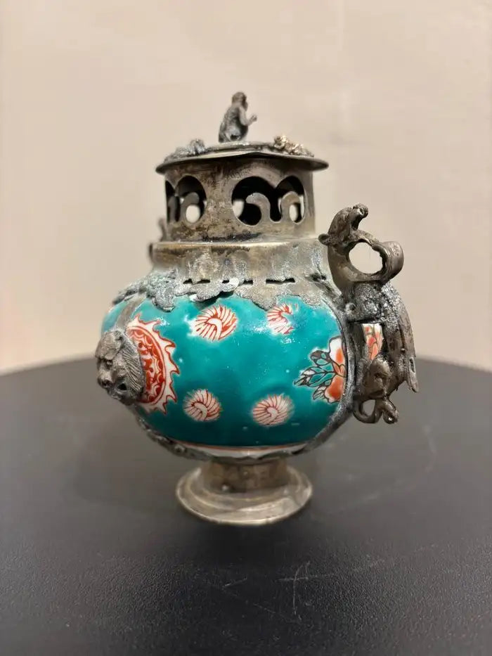 Chinese Qing Glazed Ceramic with Metal Mounts, Monkey, Frogs, Phoenix, Dragons