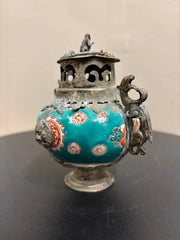 Chinese Qing Glazed Ceramic with Metal Mounts, Monkey, Frogs, Phoenix, Dragons