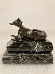 Pair of Regency Bronze Figures of Reclining Whippets on Green Marble Bases