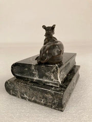 Pair of Regency Bronze Figures of Reclining Whippets on Green Marble Bases