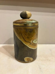 Italian Agate Hard Stone Round Box with Lid and Brass Mounts