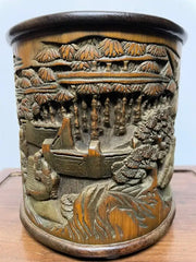 Chinese Bamboo Calligraphy Brush Holder Carved with Scholars in a Garden
